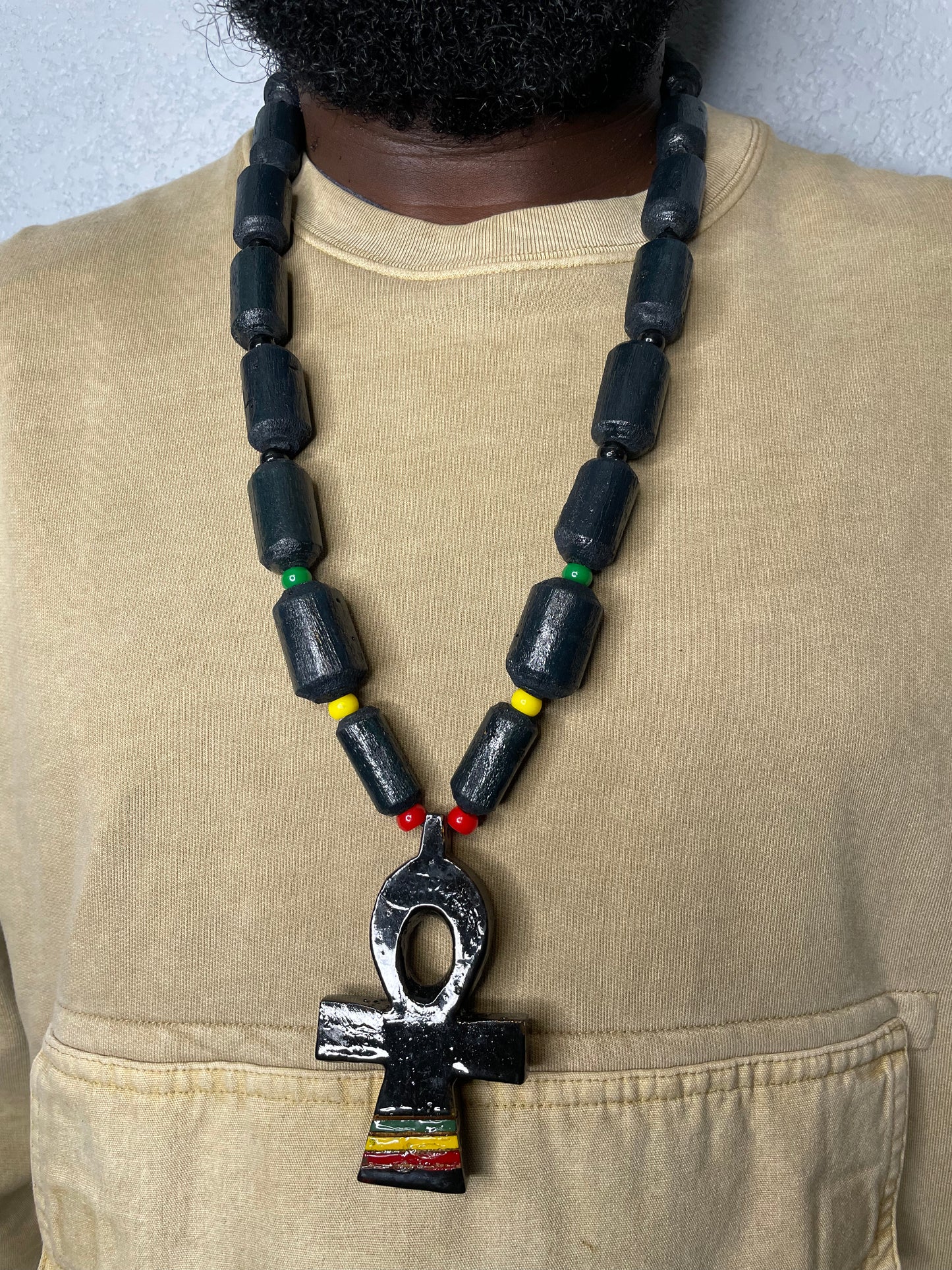 Handcrafted EGYPTIAN ANKH Key of Life Pendant Wood Bead Necklace
